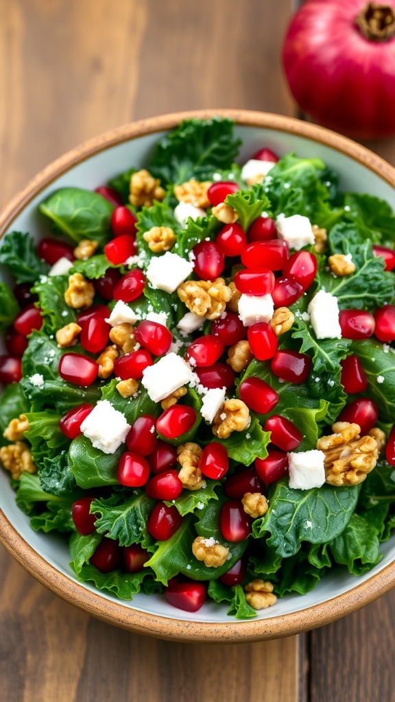A vibrant kale salad with pomegranate seeds and walnuts, garnished with feta cheese, in a rustic bowl on a wooden table.